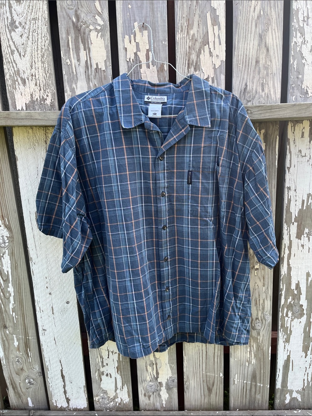 Columbia Men's Navy and Orange Plaid Short-Sleeve Button Down Shirt